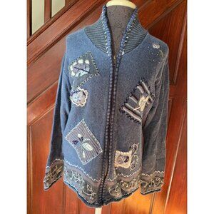 Graver Studio Womens Appliqué Knit Zip Cardigan Sweater Blue Mixed Patterns M